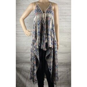 Umgee Duster Medium Bohemian Floral Print Crochet Lace Trim Ruffled High Low Top